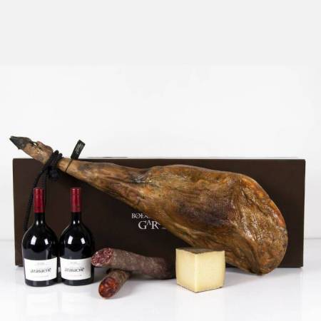 Caja con jamón de bellota 100% Ibérico PATA NEGRA Extremadura (Jamón entero ó loncheado)